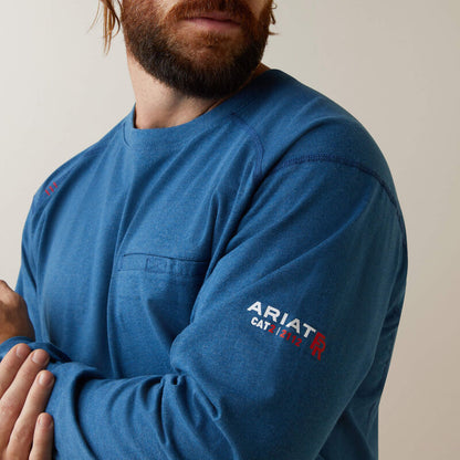 Close up of man wearing Ariat FR Crew T-shirt in blue color