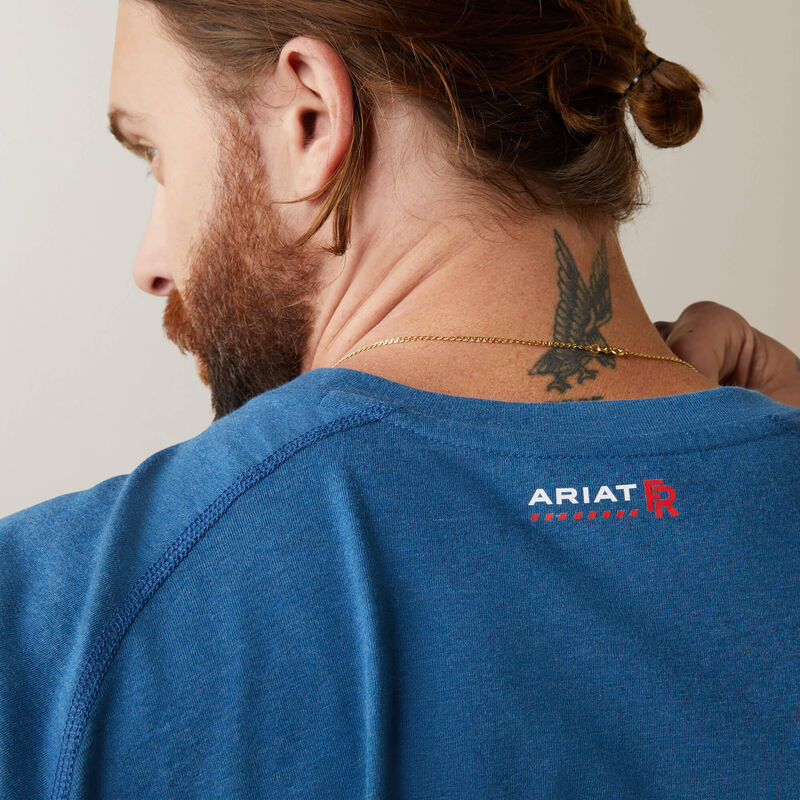 Back view close up of man wearing Ariat FR Crew T-shirt in blue color