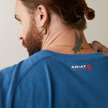 Back view close up of man wearing Ariat FR Crew T-shirt in blue color