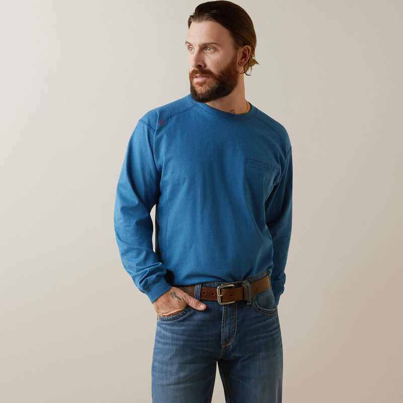 A of man wearing Ariat FR Crew T-shirt in blue color