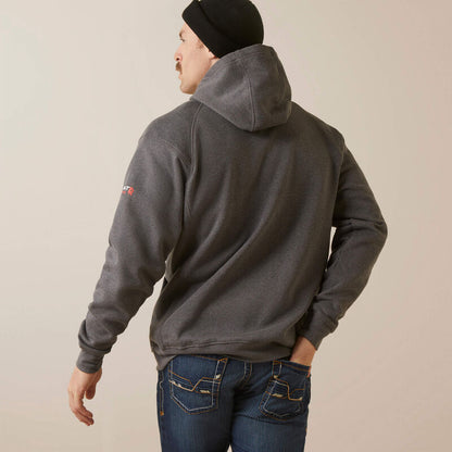 Zoomed in back view of a man wearing Ariat FR pullover hoodie in dark grey