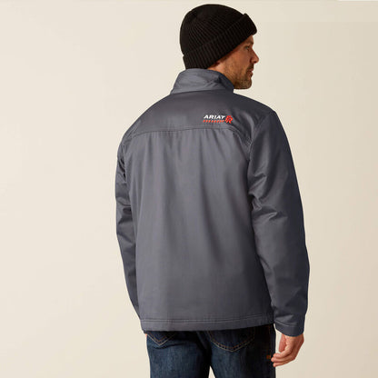 Backview of a man wearing Ariat FR insulated jacket in grey