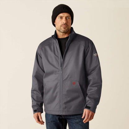 A man wearing Ariat FR insulated jacket in grey