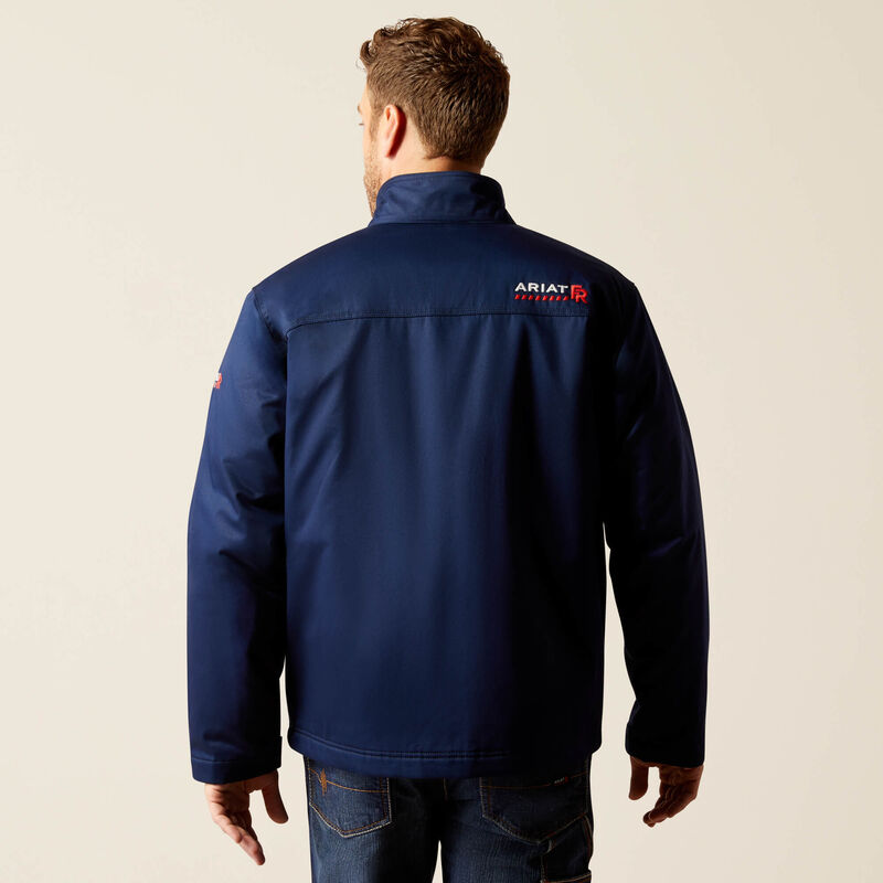 Back view of a man wearing Ariat FR insulated jacket in navy 