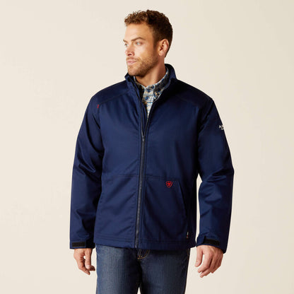 A man wearing Ariat FR insulated jacket in navy