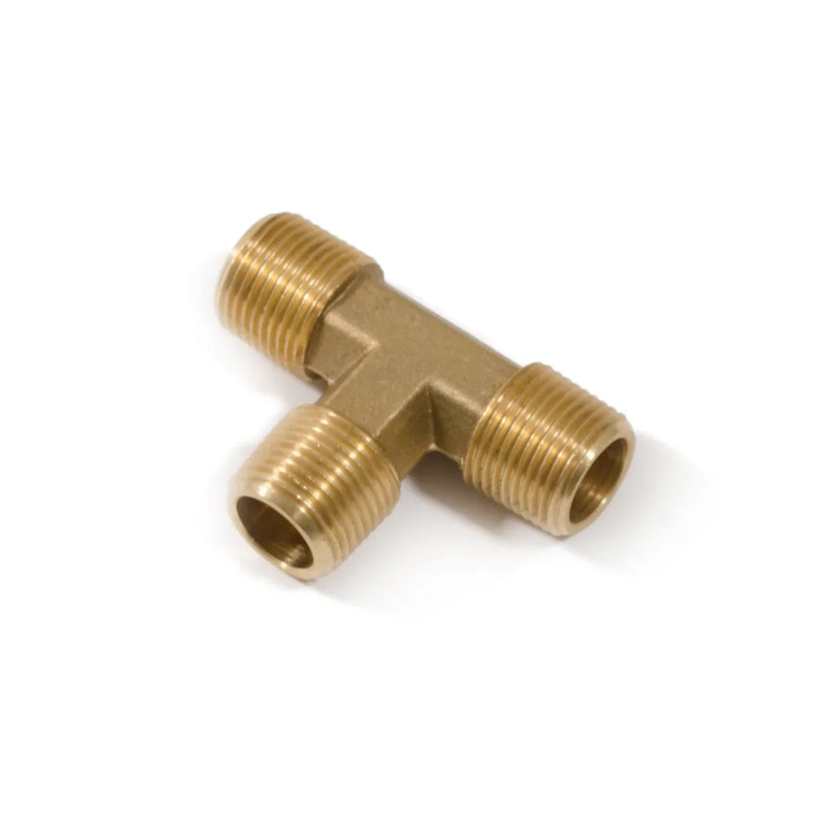 Brass T-shaped pipe fitting on a white background