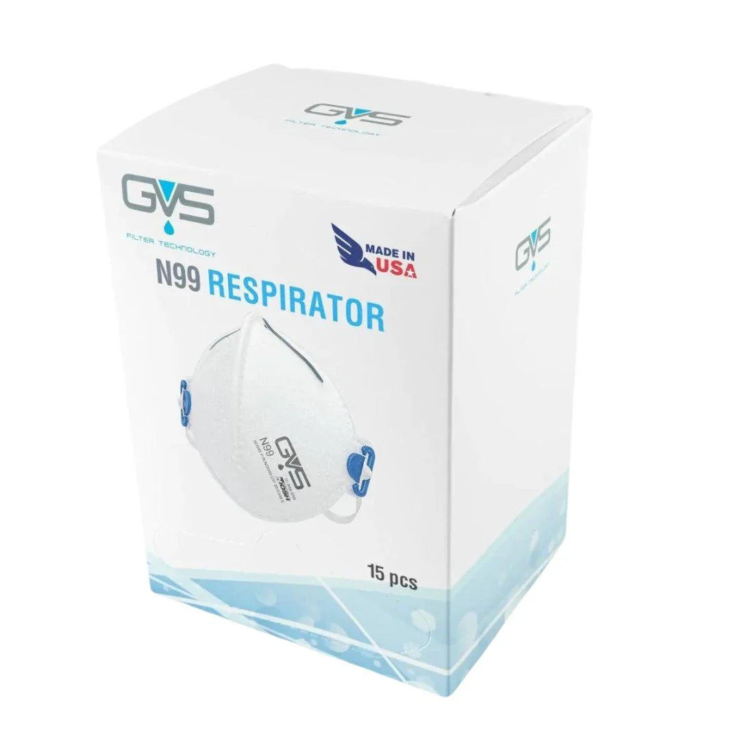 Box of GVS N99 Respirator masks with branding on a white background