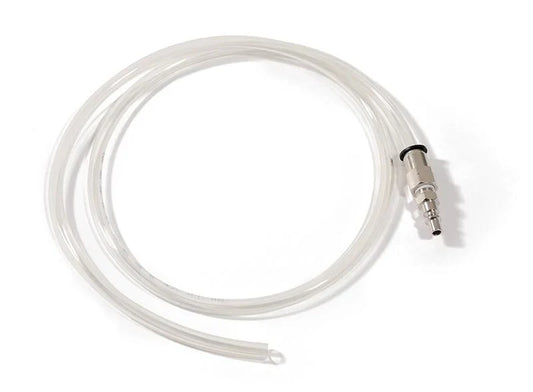 Clear silicone hose with a metal fitting on a white background