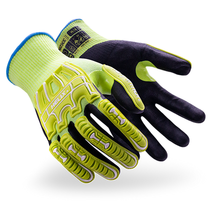 A pair of hexarmor cut resistant hi-vis gloves