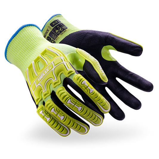A pair of hexarmor cut resistant hi-vis gloves