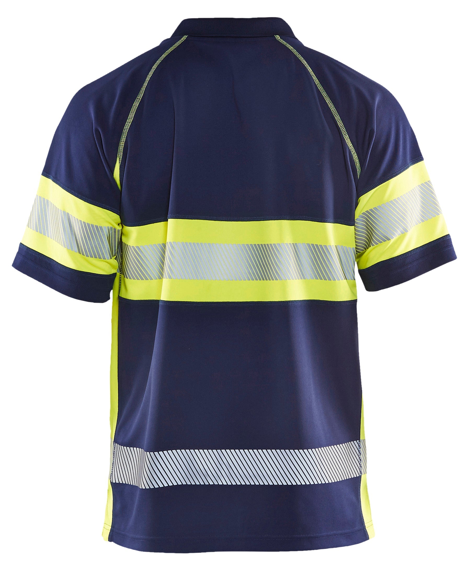 Backview of Blaklader hi-vis polo shirt in navy and yellow