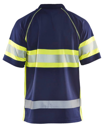 Backview of Blaklader hi-vis polo shirt in navy and yellow