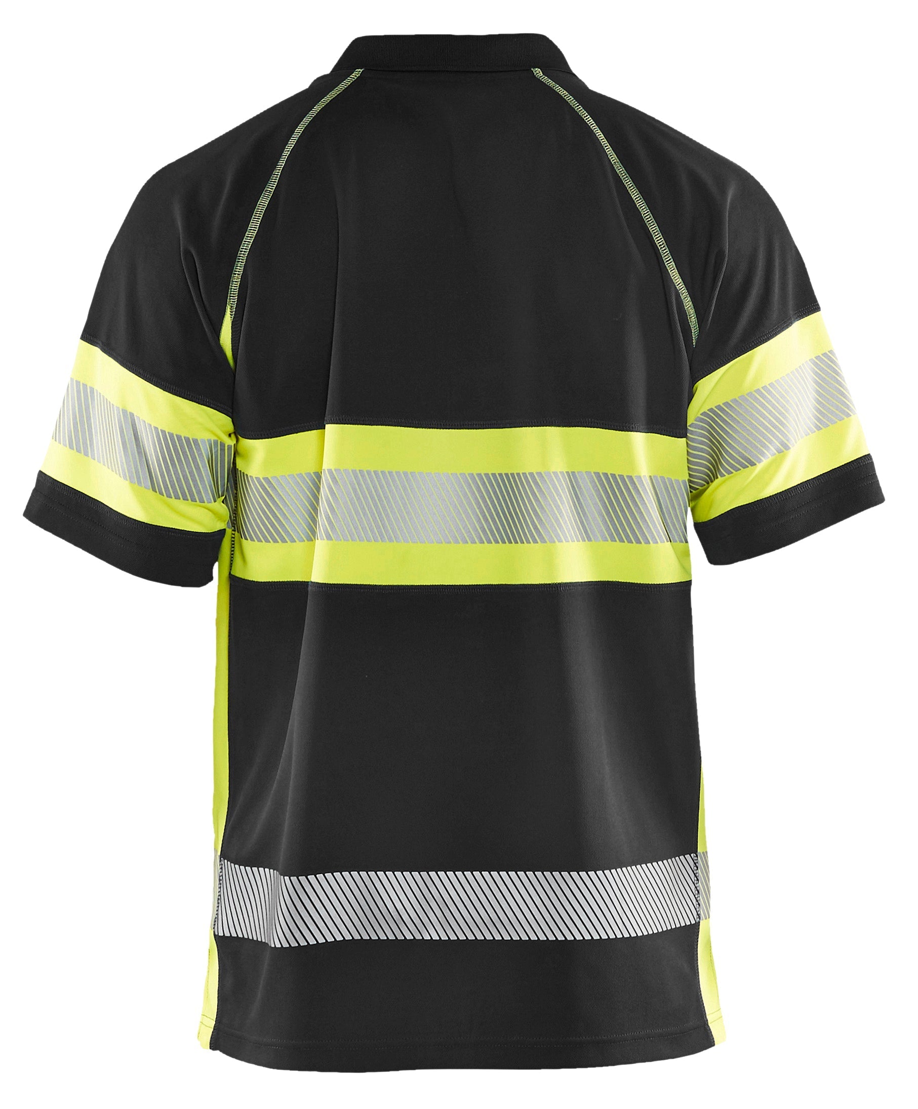 Backview of Blaklader hi-vis polo shirt in black and yellow color