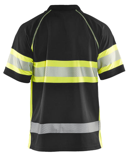 Backview of Blaklader hi-vis polo shirt in black and yellow color
