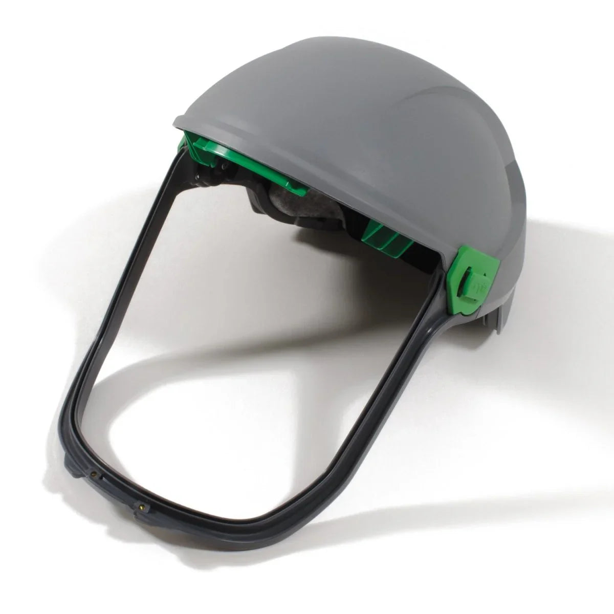 Gray safety helmet with green straps on a white background