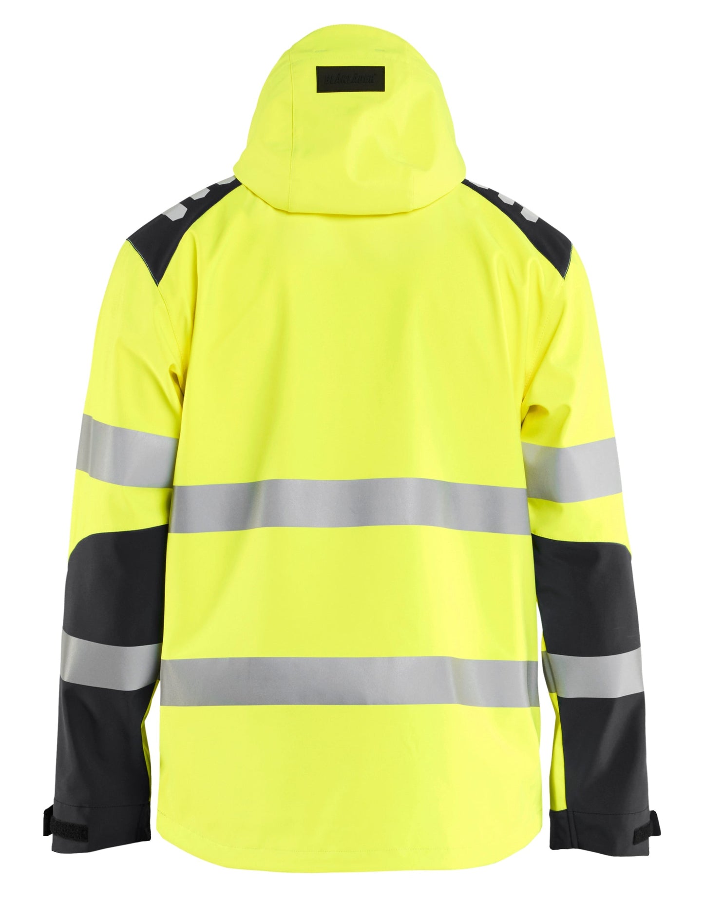 Back view of Blaklader Hi-Vis softshell work jacket with hood in yellow color