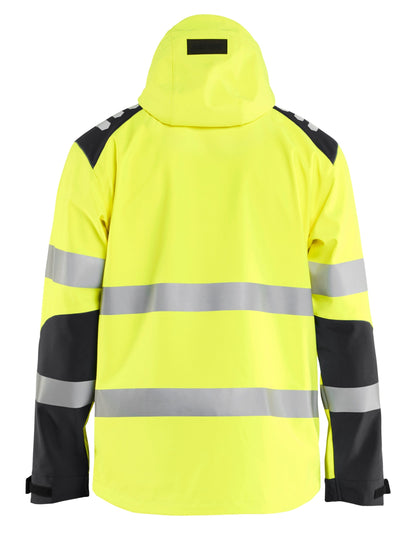 Back view of Blaklader Hi-Vis softshell work jacket with hood in yellow color