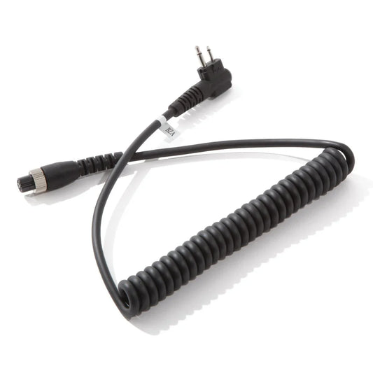 Coiled black cable with connectors on a white background