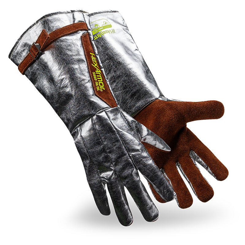 A pair of HexArmor heat resistant aluminized gloves