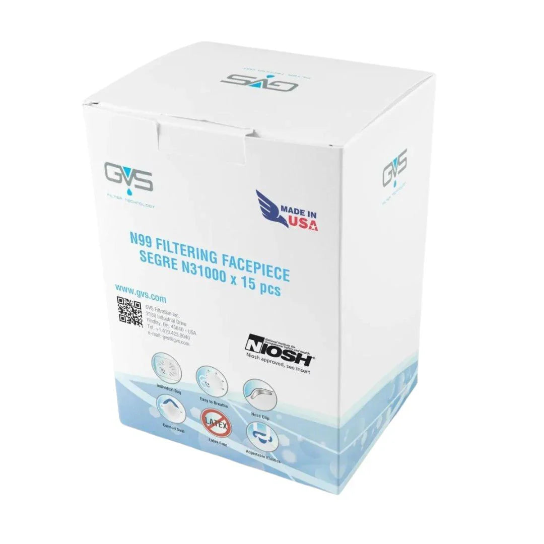 Box of N99 filtering facepiece respirators with GVS branding