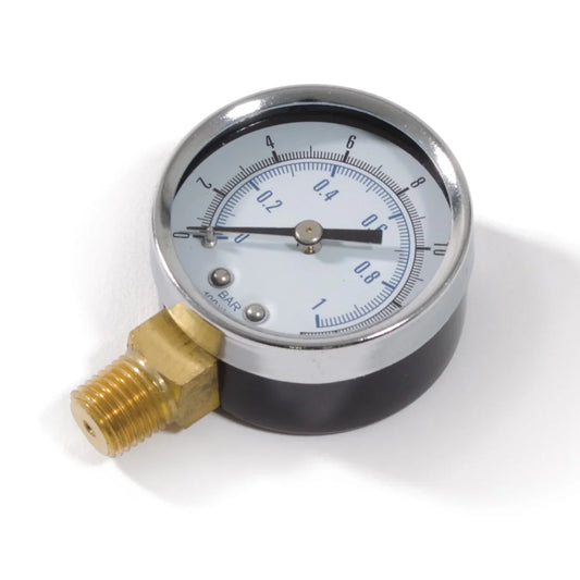 Pressure gauge with brass fitting on a white background