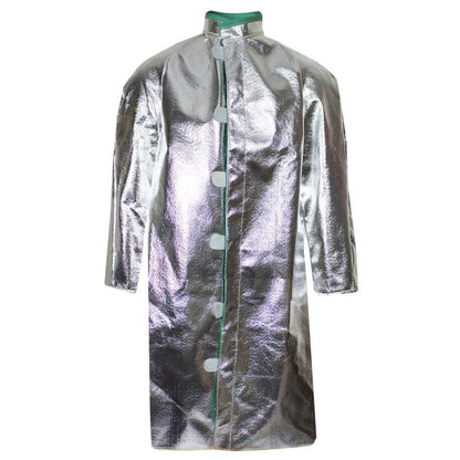 Silver metallic raincoat with a green interior lining on a white background