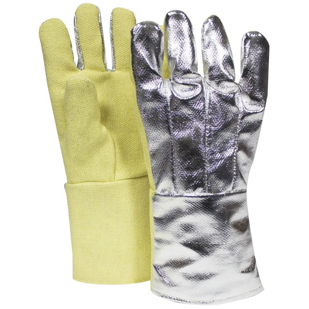 Pair of gloves with yellow interior and silver metallic exterior on a white background