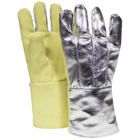 Pair of gloves with yellow interior and silver metallic exterior on a white background