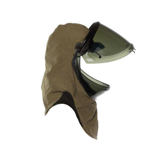 Brown protective hood with a visor on a white background