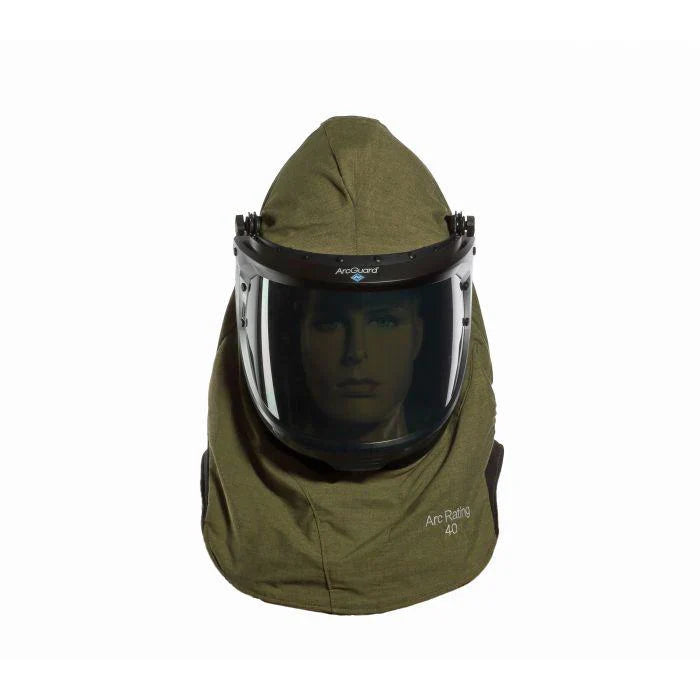 Green arc flash protective hood with visor on a white background