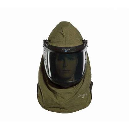 Green arc flash protective hood with visor on a white background