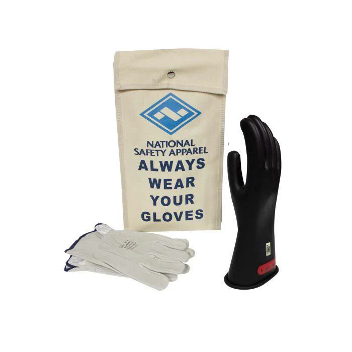 Set of gloves with a National Safety Apparel bag on a white background
