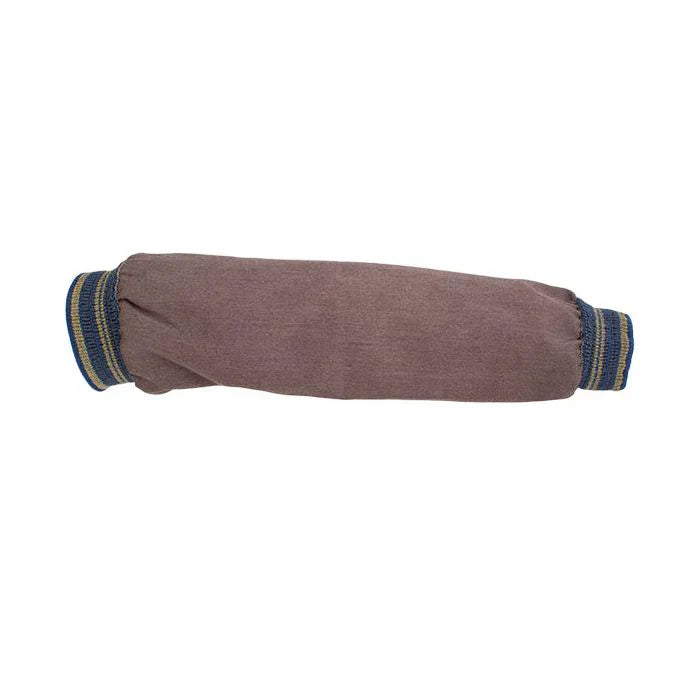 Brown fabric sleeve with blue trim on a white background
