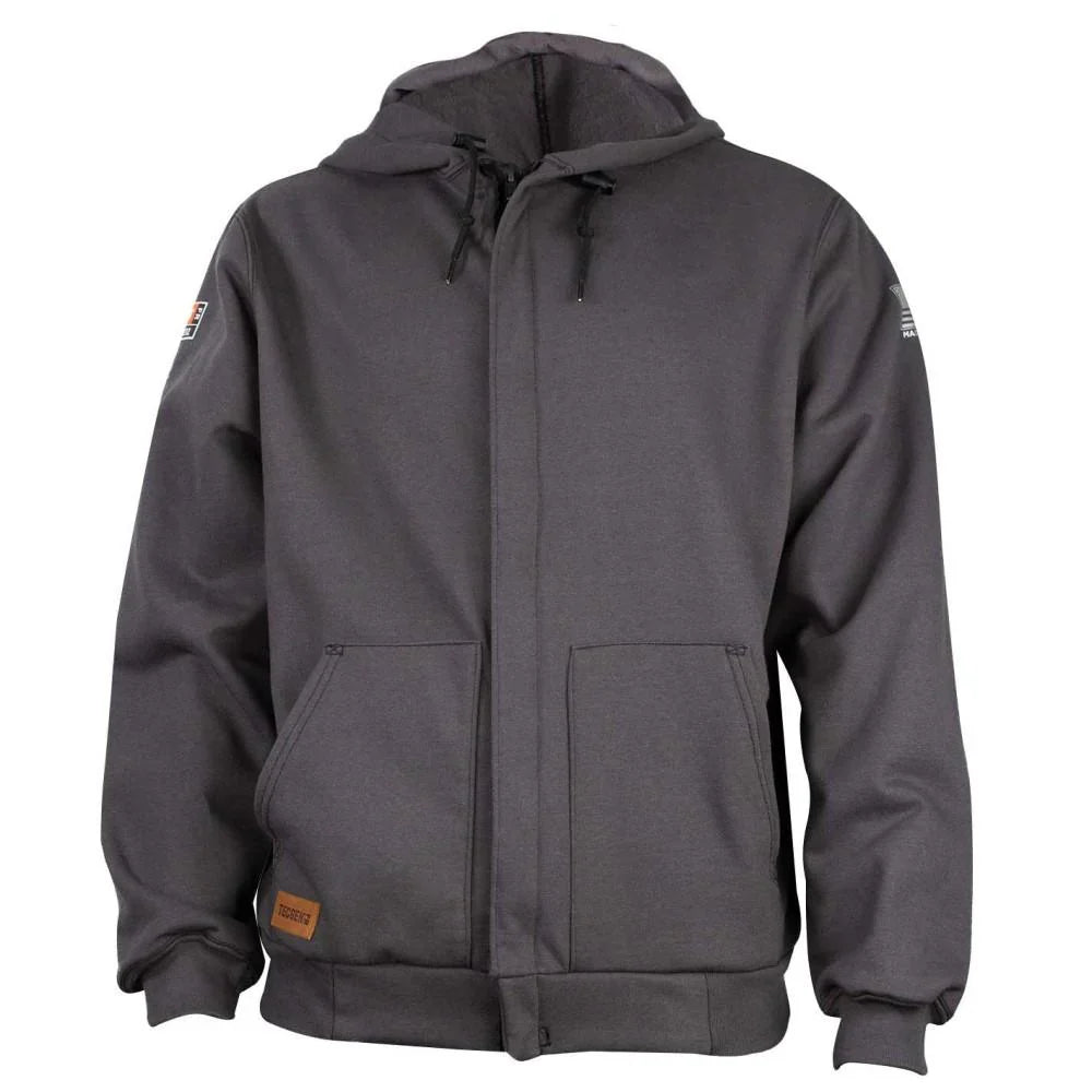 Gray hoodie with patches on a white background