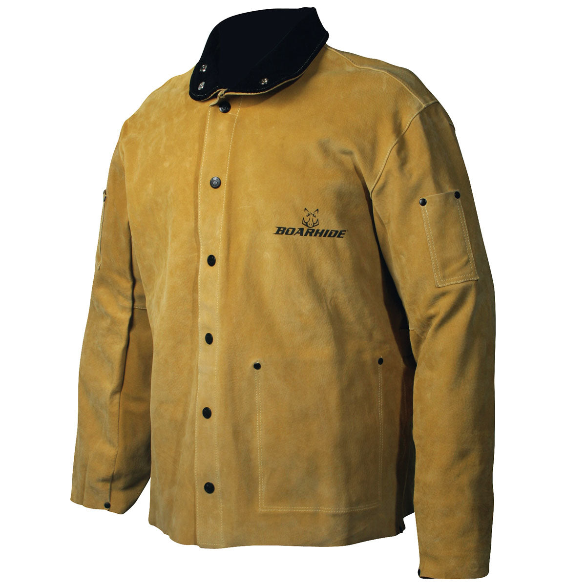 gold leather welding jacket with buttons