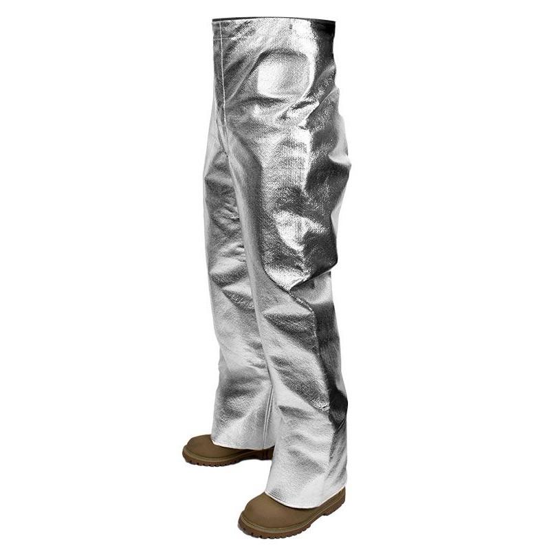 Reflective silver pants worn by a person on a white background