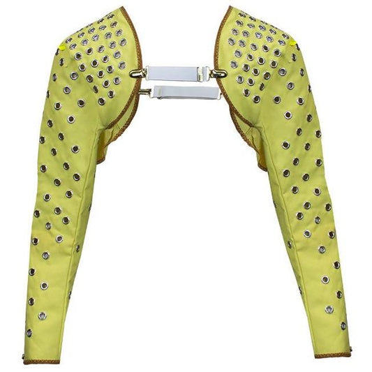 Yellow arm guards with decorative studs on a white background