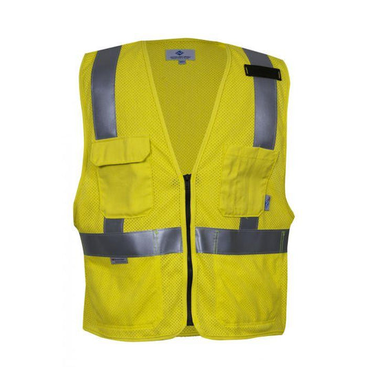 Yellow safety vest with reflective stripes on a white background