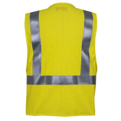 Yellow safety vest with reflective stripes on a white background