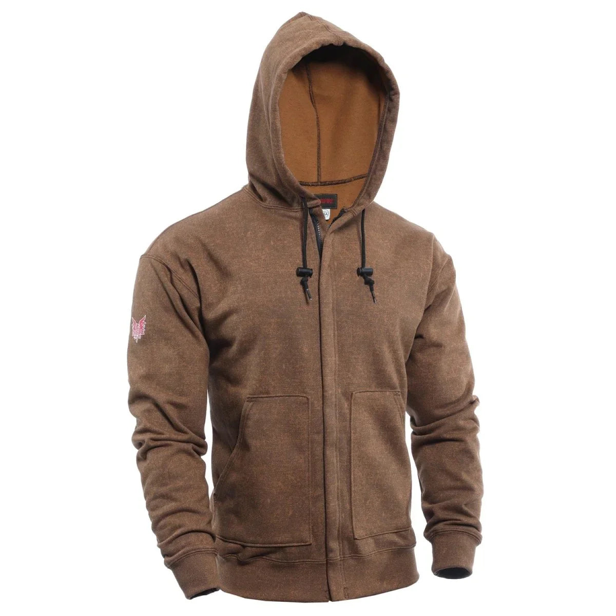Brown hoodie with a brand logo on a white background
