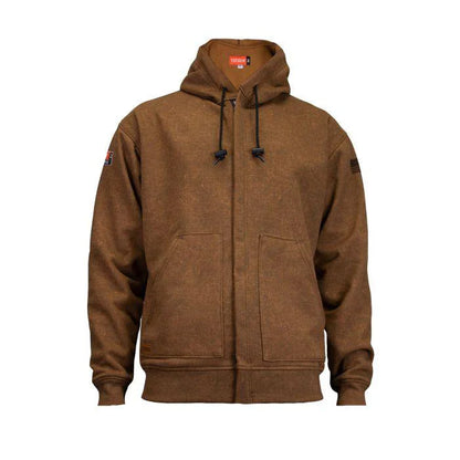 Brown hoodie with brand logo on a white background