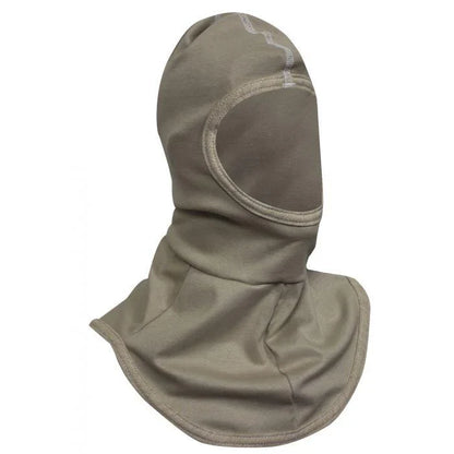 Khaki hood with a face opening on a white background