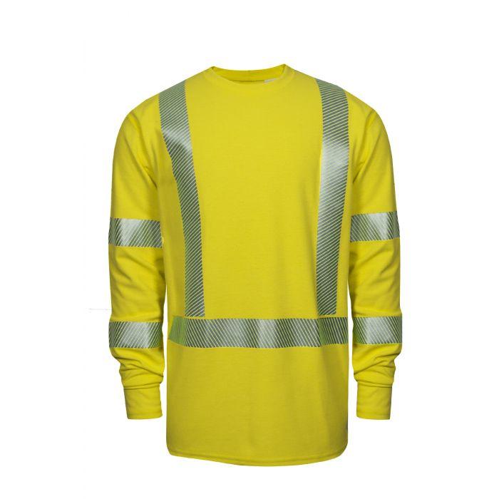 Yellow long-sleeve shirt with reflective stripes on a white background