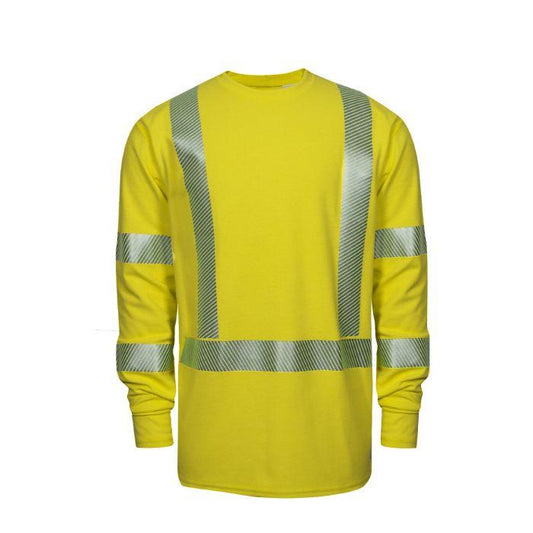 Yellow long-sleeve shirt with reflective stripes on a white background