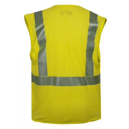 Yellow safety vest with reflective stripes on a white background