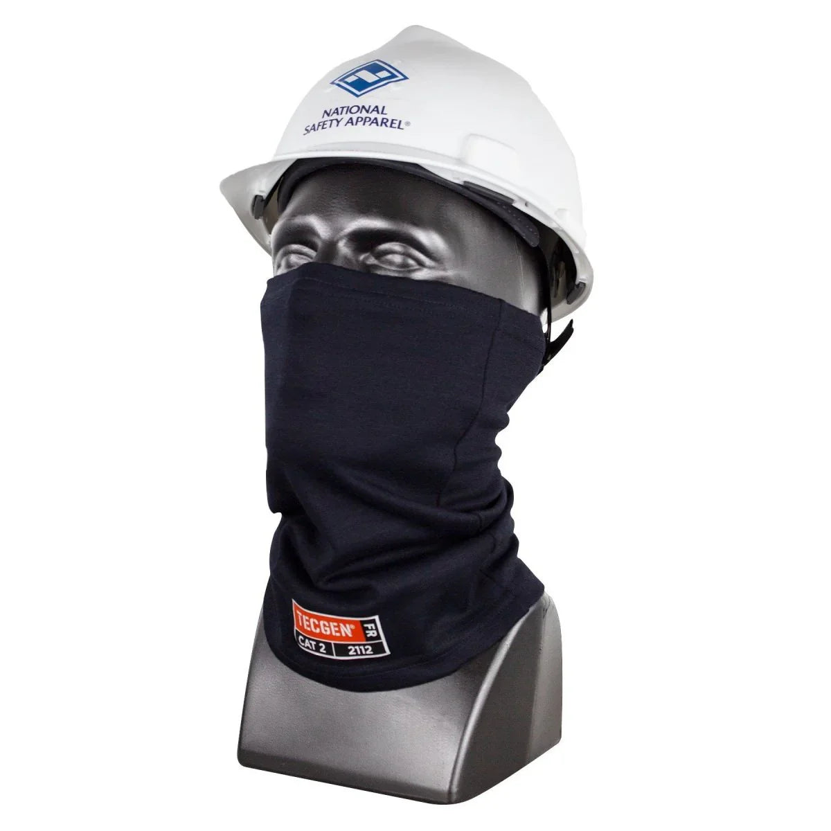 Mannequin head wearing a white hard hat and black neck gaiter with a visible brand logo on a white background