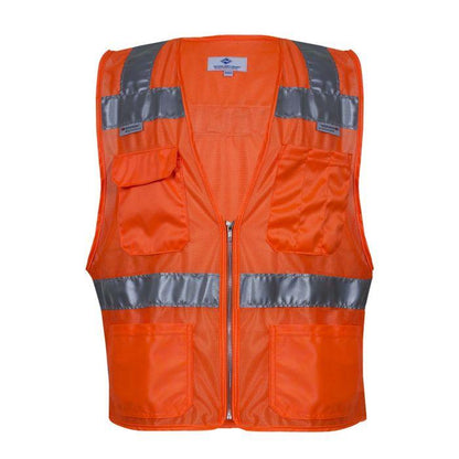 Orange safety vest with reflective stripes on a white background