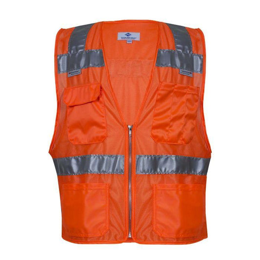 Orange safety vest with reflective stripes on a white background