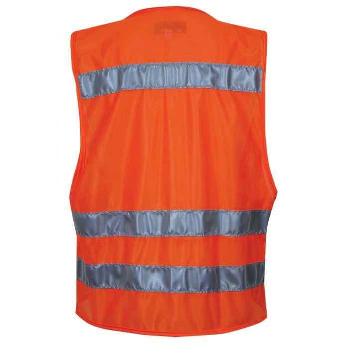 Orange safety vest with reflective stripes on a white background