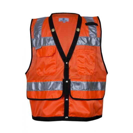 Orange safety vest with reflective stripes on a white background